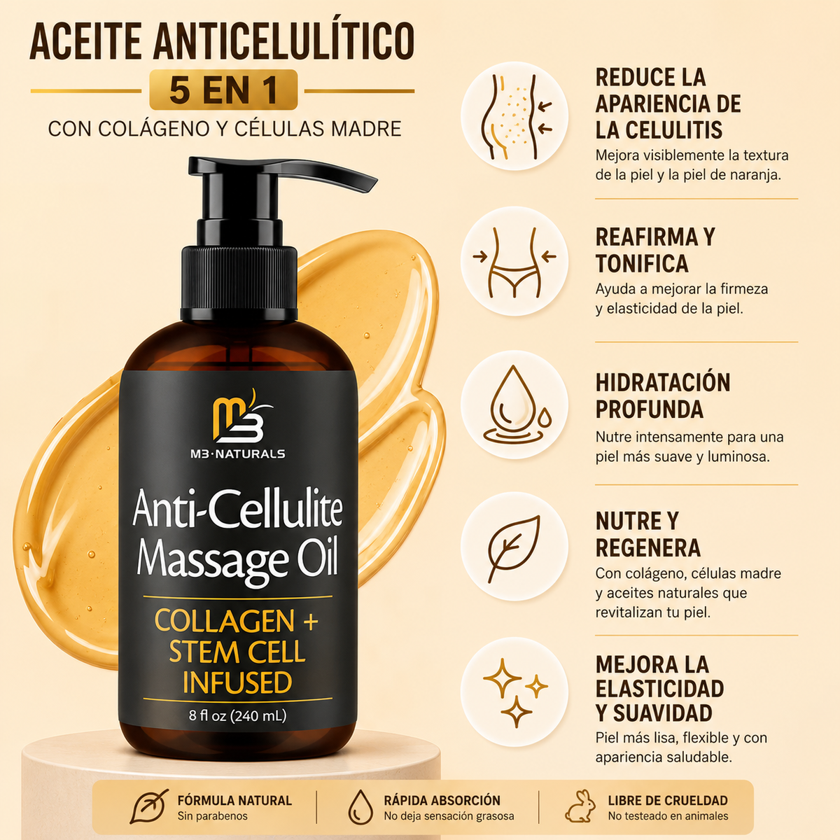 Aceite Anticelulitis 5 EN 1 | Con Colágeno y Células Madre