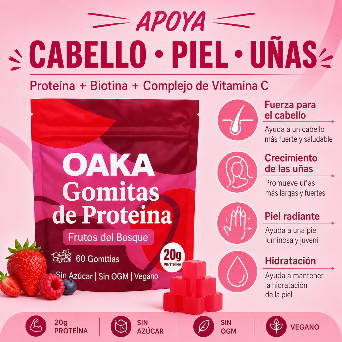 Gomitas Multibeneficio - 20g Proteína, Cabello, Piel y Energía (Sin Azúcar)